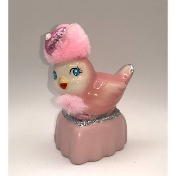 Vintage Pink Ceramic Bird Valentine Day Pink Heart Poofy Hat Fur Princess OOAK - Picture 2 of 16